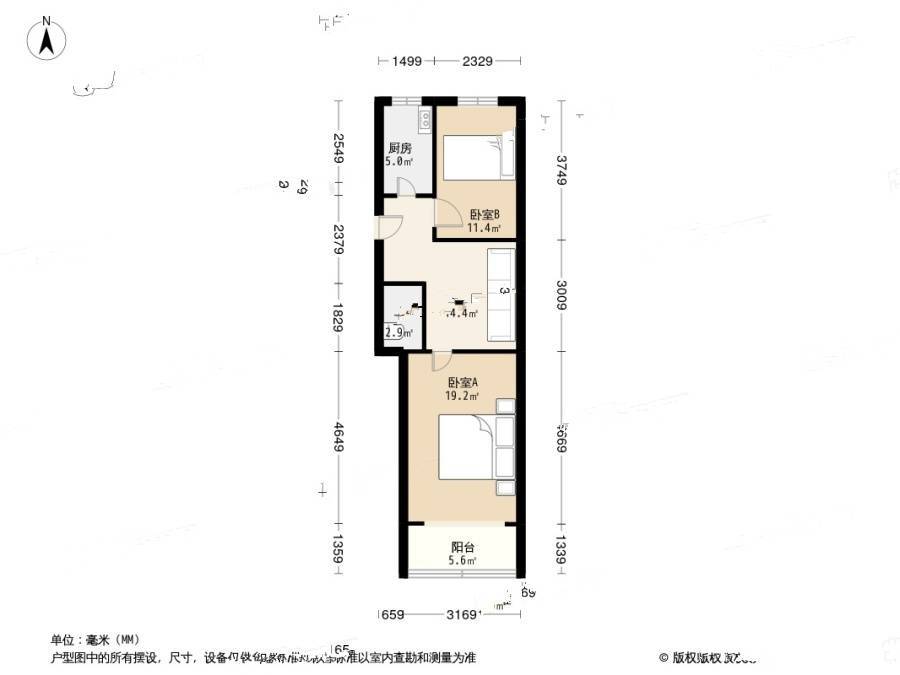 石佛营西里2室1厅1卫59㎡户型图