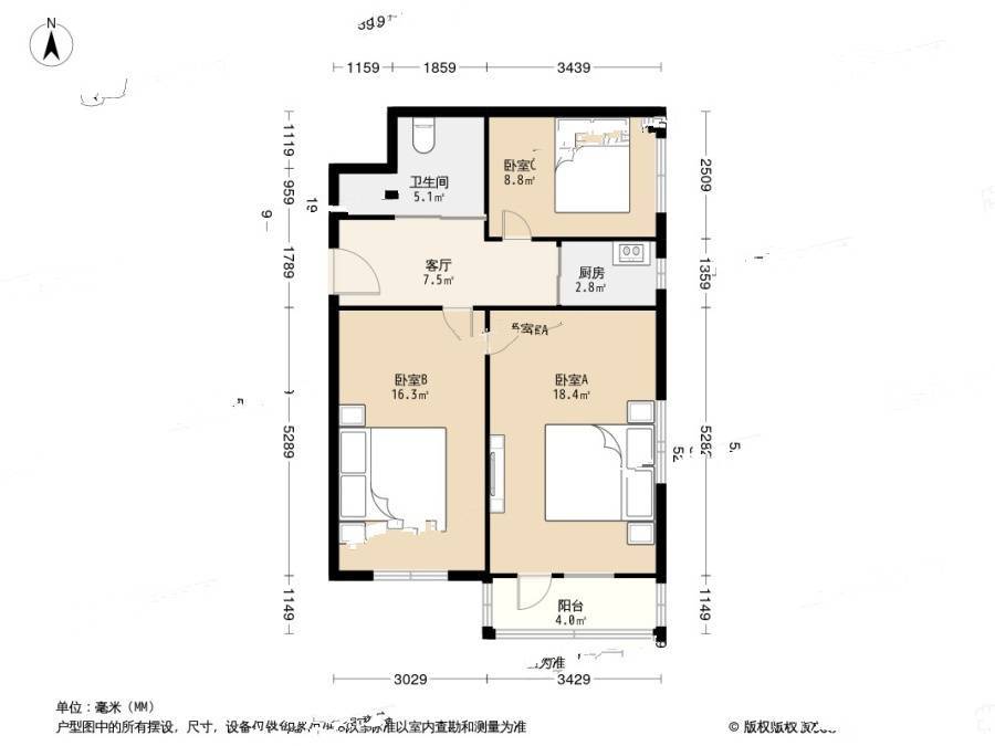 半步桥13号院3室1厅1卫76.2㎡户型图