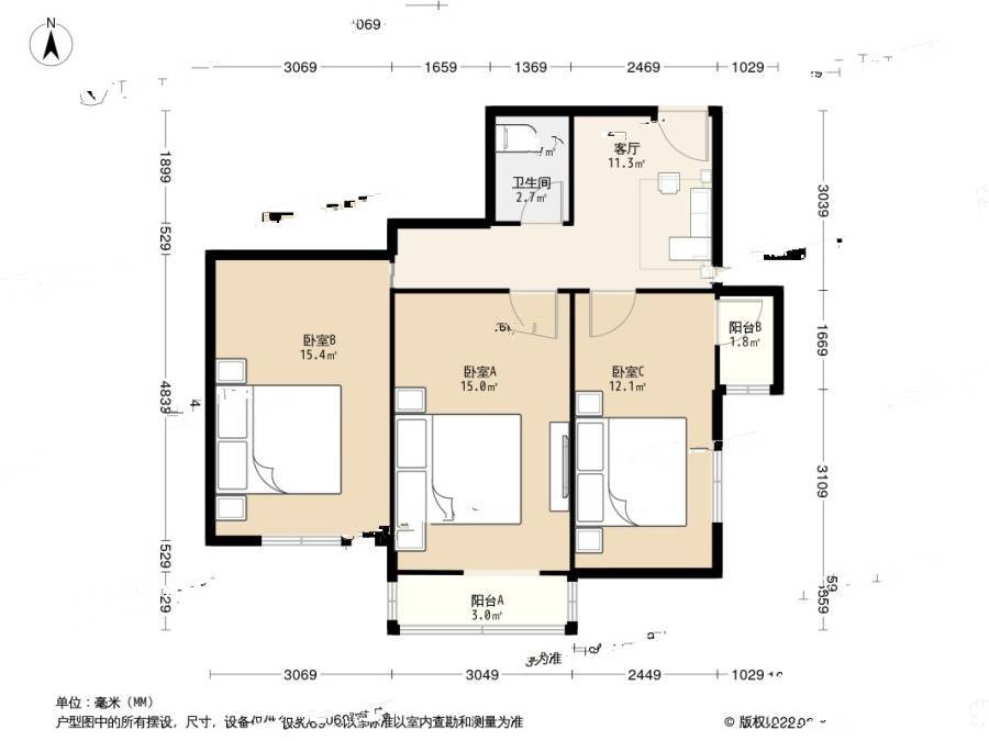 静安里3室1厅1卫79.9㎡户型图