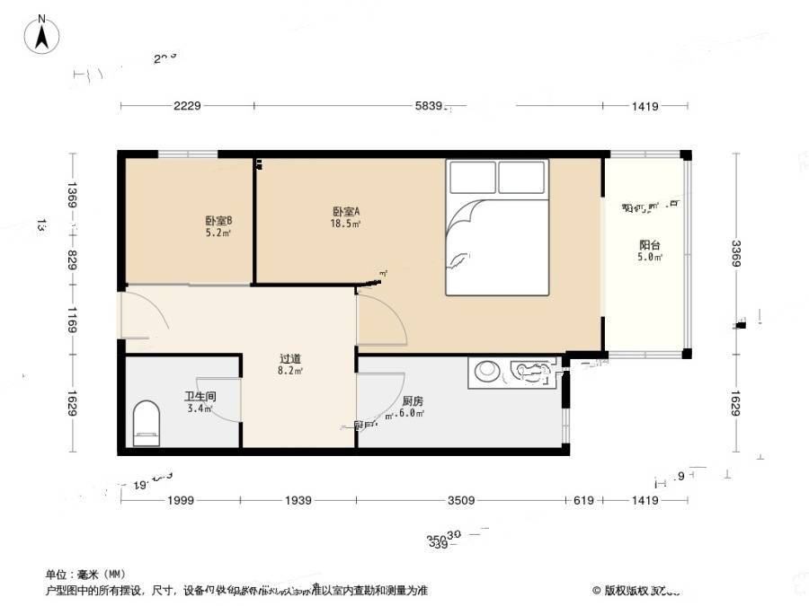 松榆里小区1室1厅1卫44㎡户型图