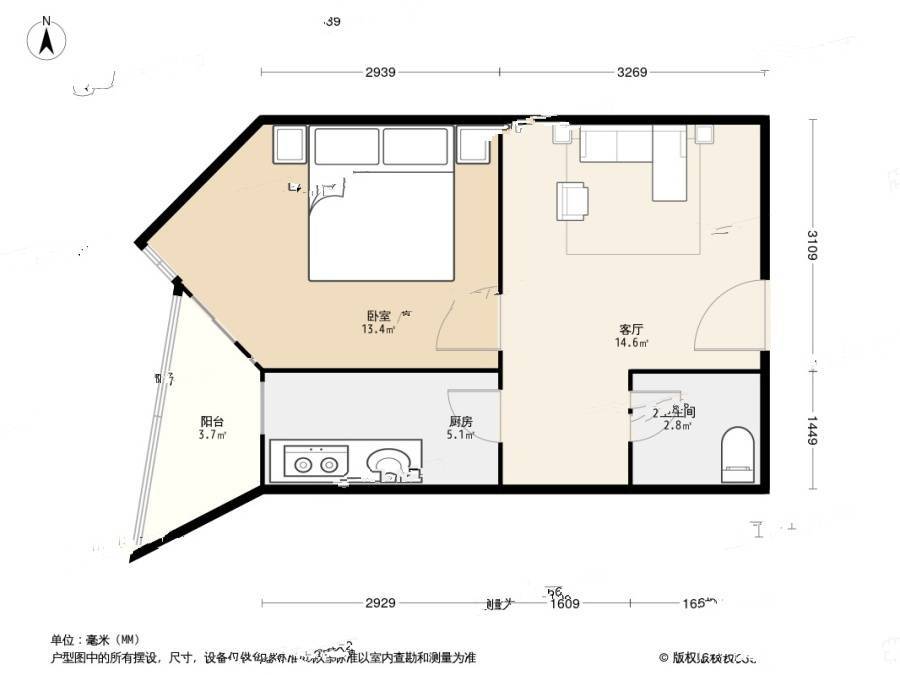 农展南里1室1厅1卫46㎡户型图