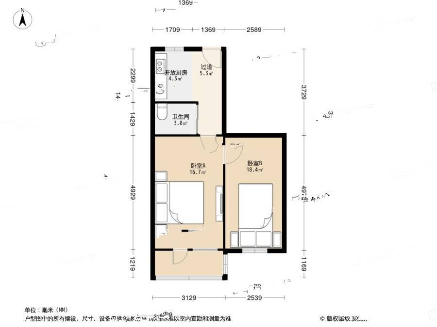 西坝河南里2室0厅1卫56.3㎡户型图