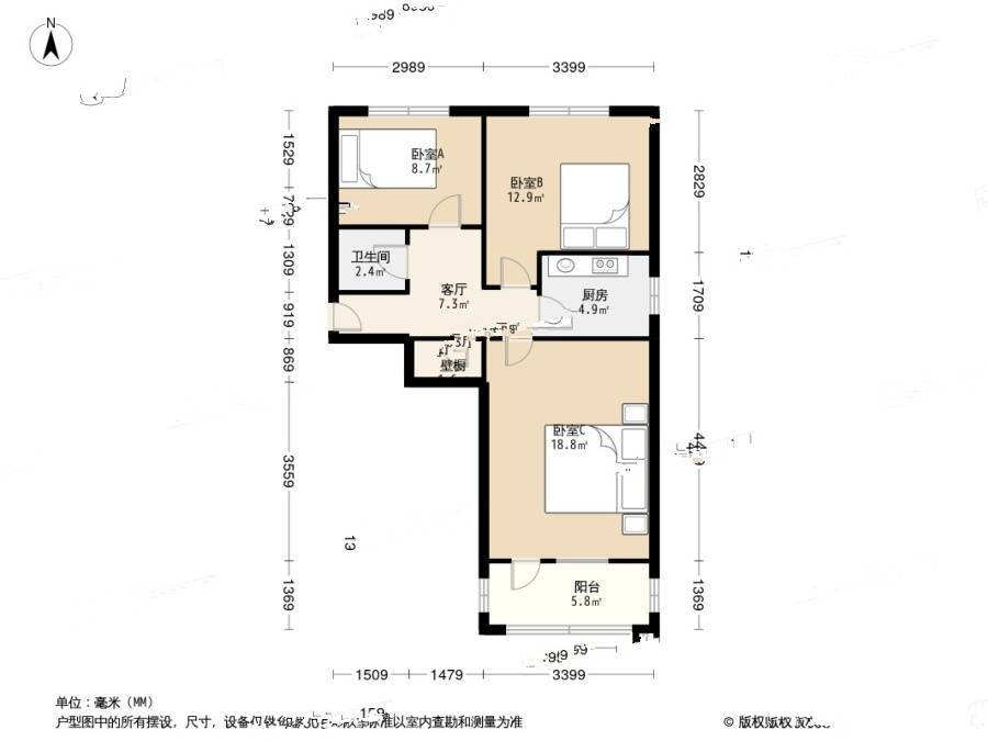 团结湖北头条3室1厅1卫62㎡户型图