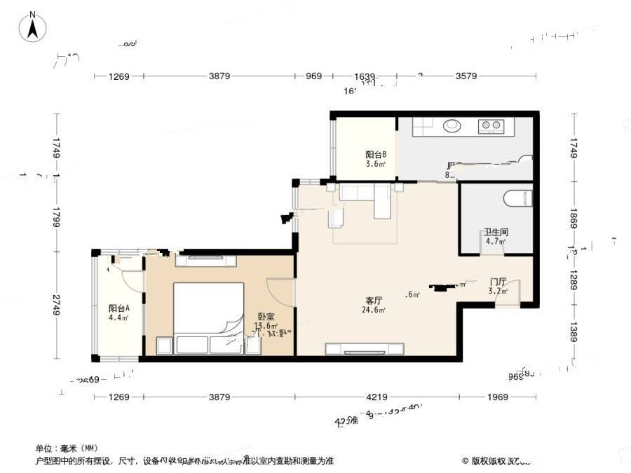 干杨树1室1厅1卫60㎡户型图