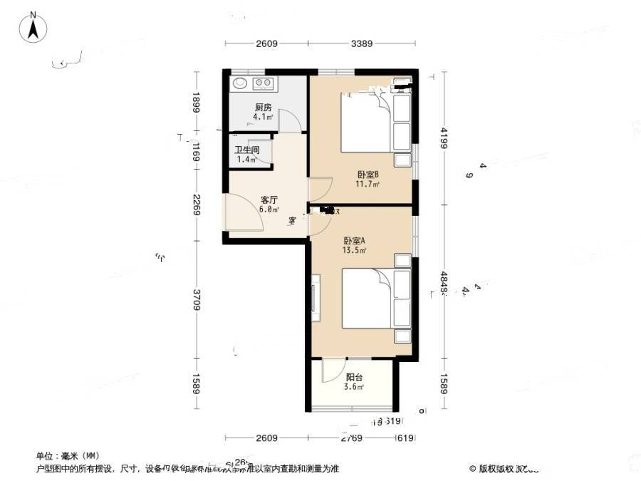 团结湖中路北一条2室1厅1卫52㎡户型图