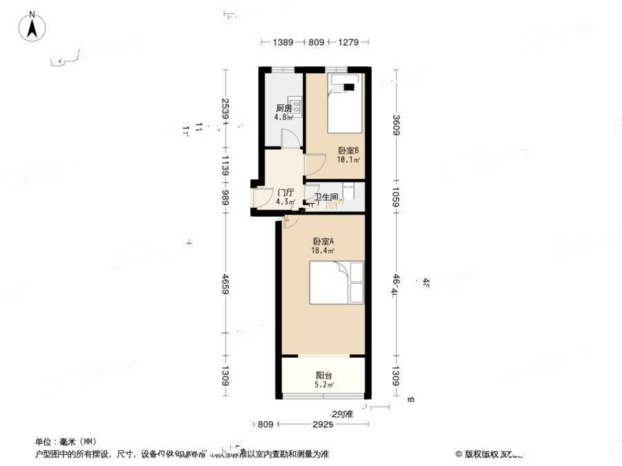 团结湖中路北一条2室0厅1卫44.1㎡户型图