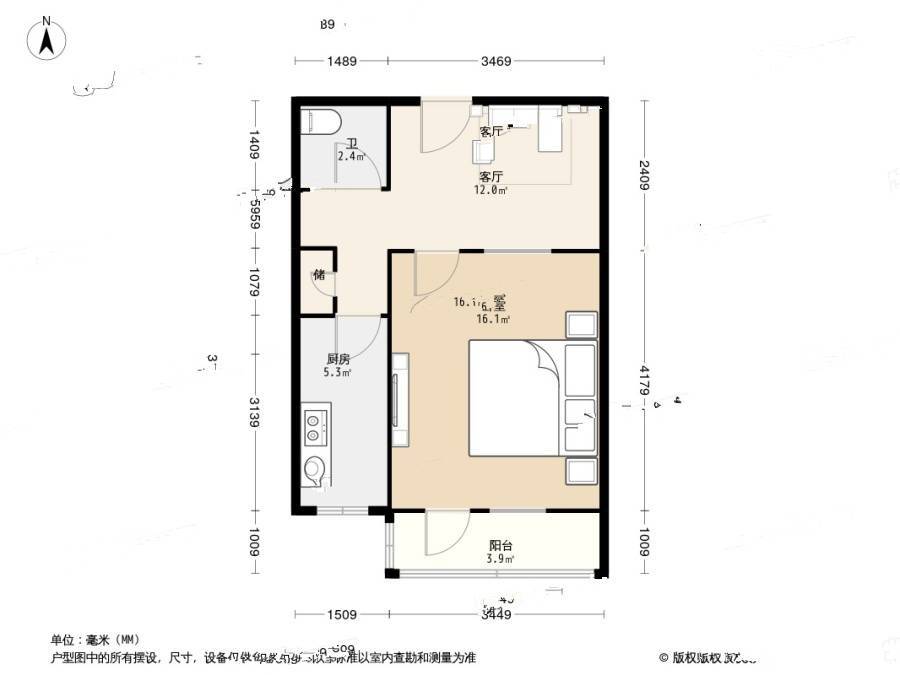 双花园西里1室0厅1卫45.6㎡户型图