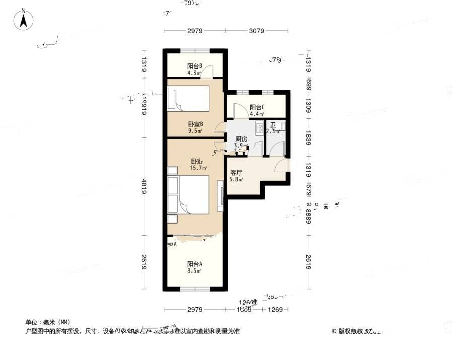 平渊北里2室1厅1卫65㎡户型图