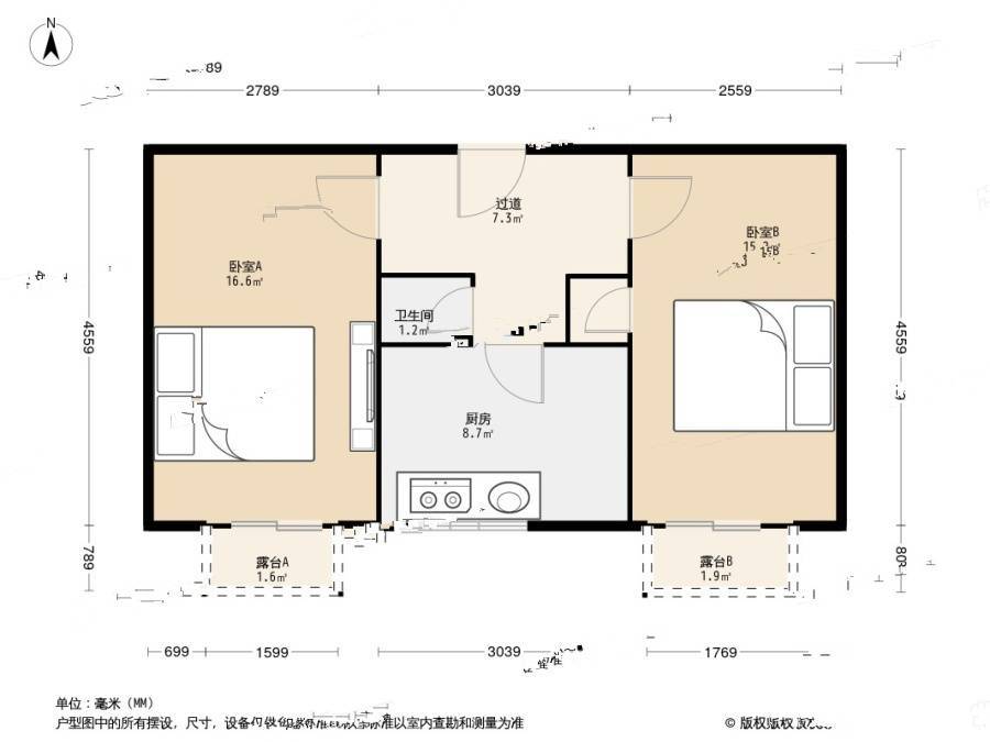 管庄北一里2室0厅1卫54.1㎡户型图