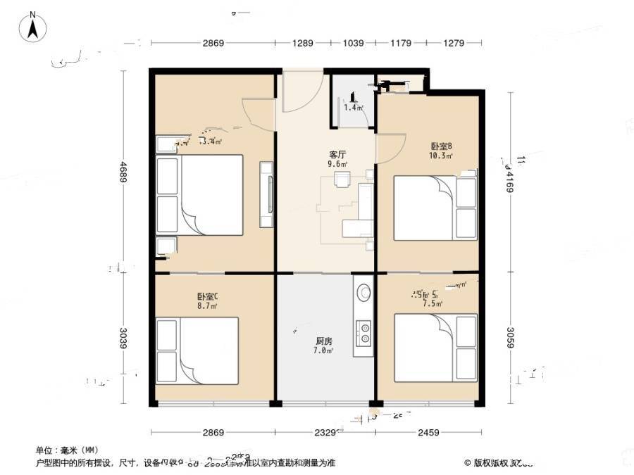 前毛家湾4室1厅1卫50.7㎡户型图