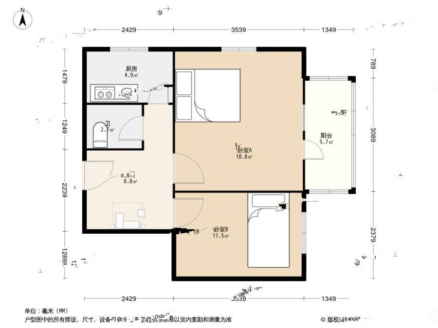 双柳树头条2室1厅1卫49.8㎡户型图