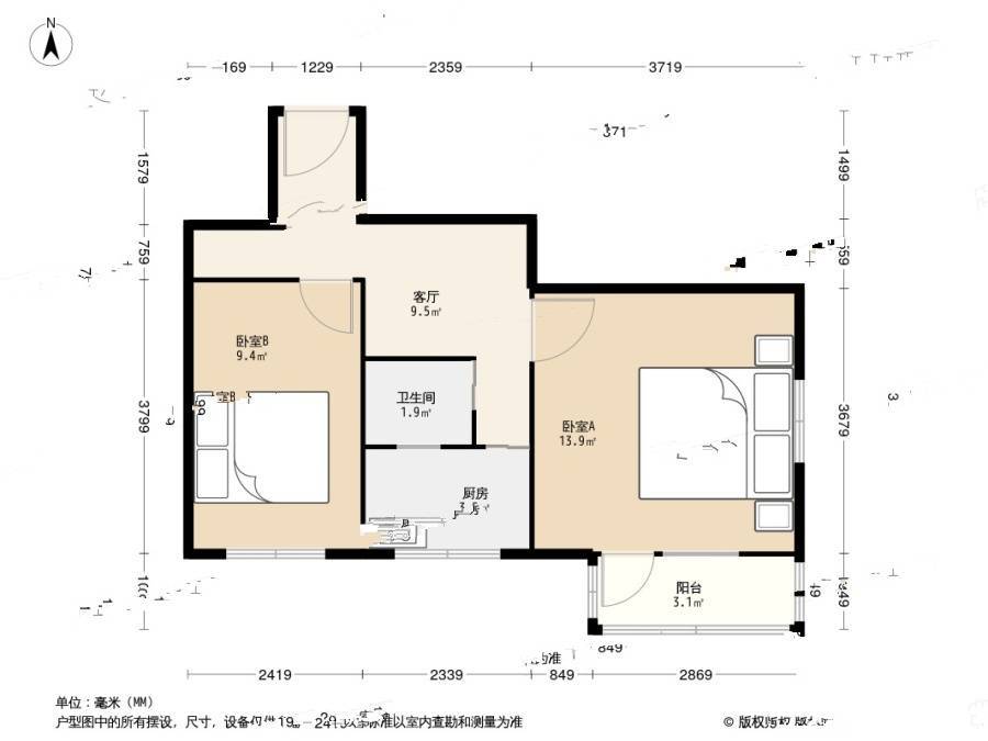 双柳树头条2室1厅1卫54.1㎡户型图