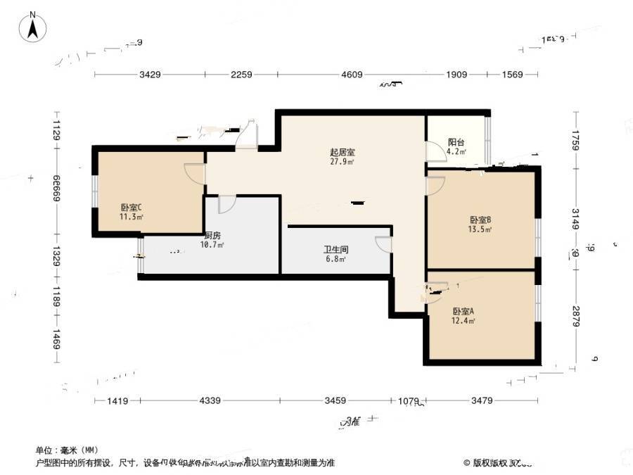 学士居3室1厅1卫76㎡户型图