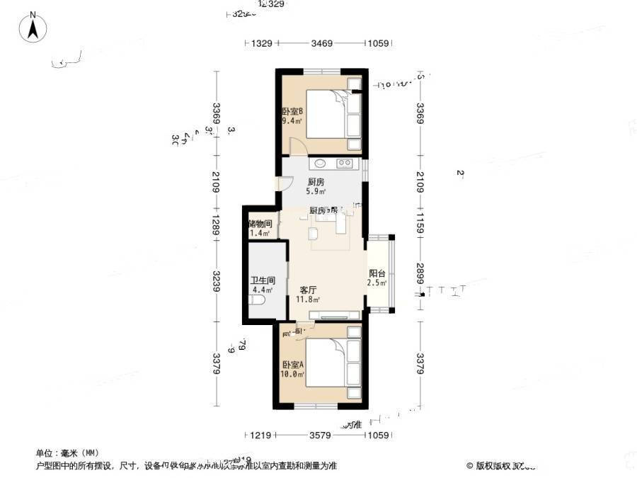 学士居2室1厅1卫76.4㎡户型图