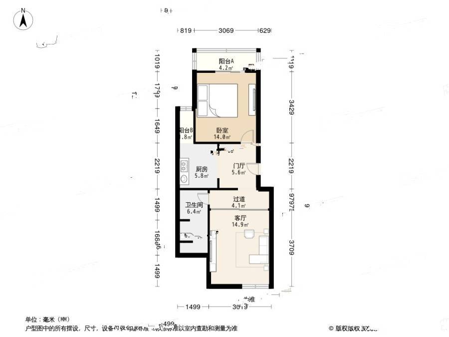 学士居1室1厅1卫58.2㎡户型图