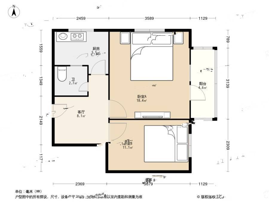 小乘巷2室1厅1卫49.5㎡户型图