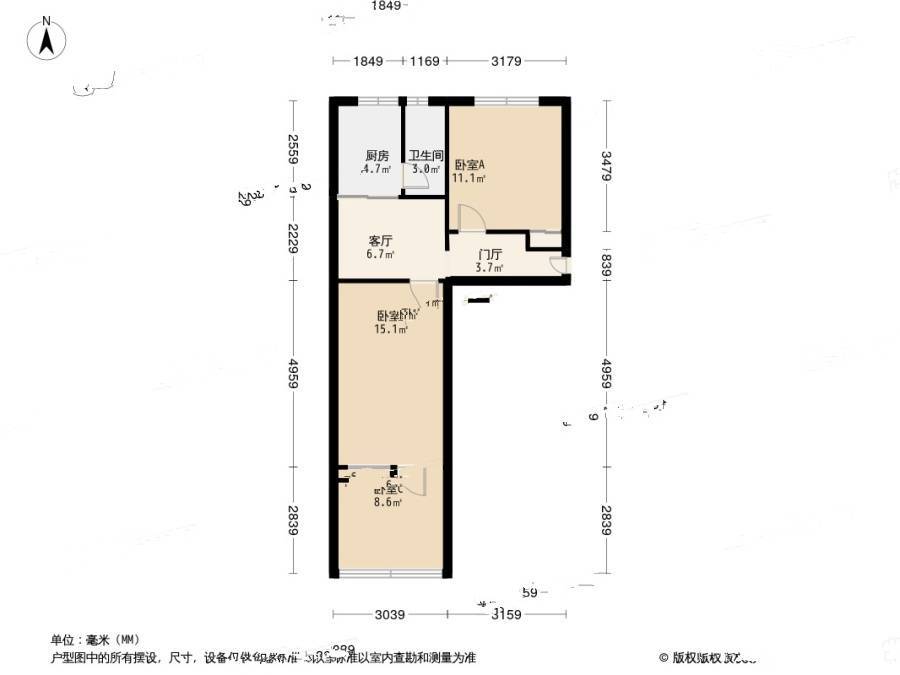 东架松3室1厅1卫64.4㎡户型图