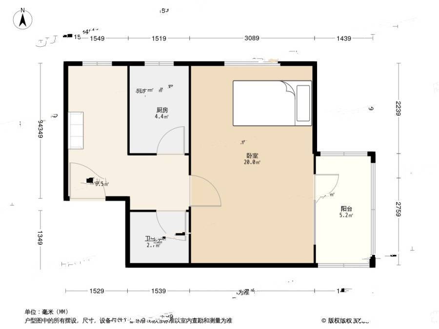 西四北五条1室1厅1卫39㎡户型图