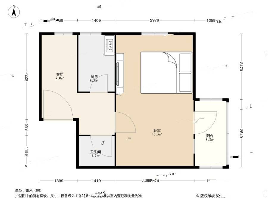 西四北五条1室1厅1卫39.1㎡户型图