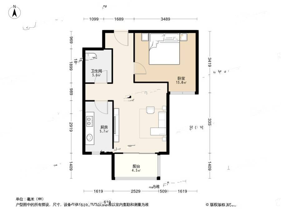 天泰苑A8区1室1厅1卫56.6㎡户型图