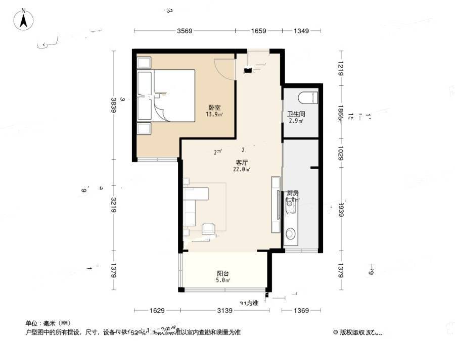 天泰苑A8区1室1厅1卫56.1㎡户型图