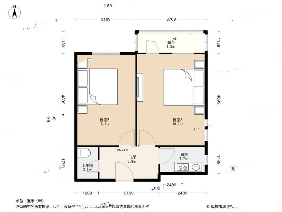 工体北路小区2室1厅1卫65㎡户型图