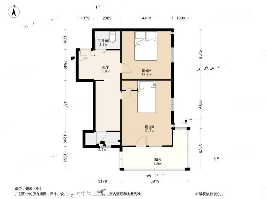 工体北路小区2室1厅1卫62㎡户型图