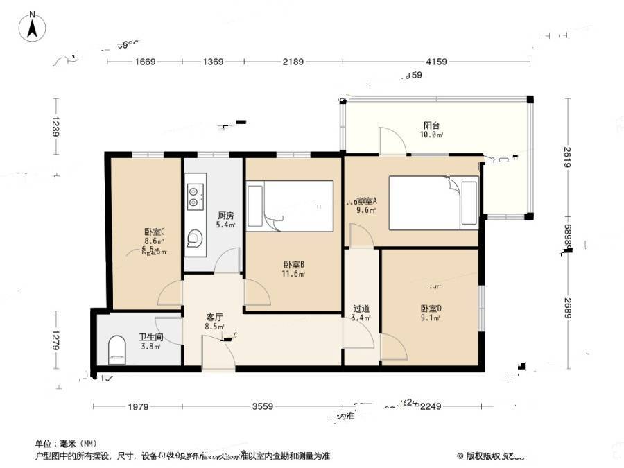 工体北路小区4室1厅1卫63.5㎡户型图