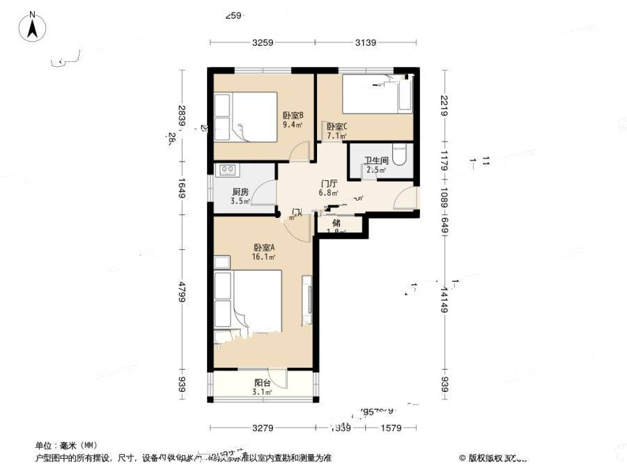 甘露园东里3室0厅1卫60.8㎡户型图