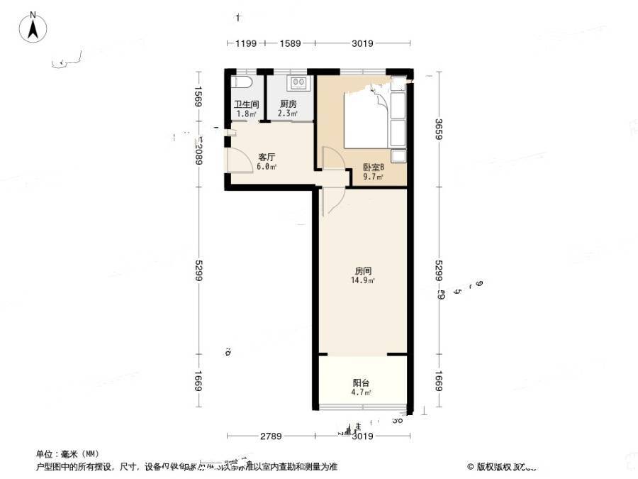 甘露园西里2室1厅1卫56.6㎡户型图