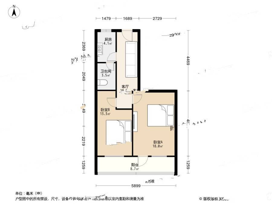 金蝉北里21号院2室1厅1卫54.8㎡户型图