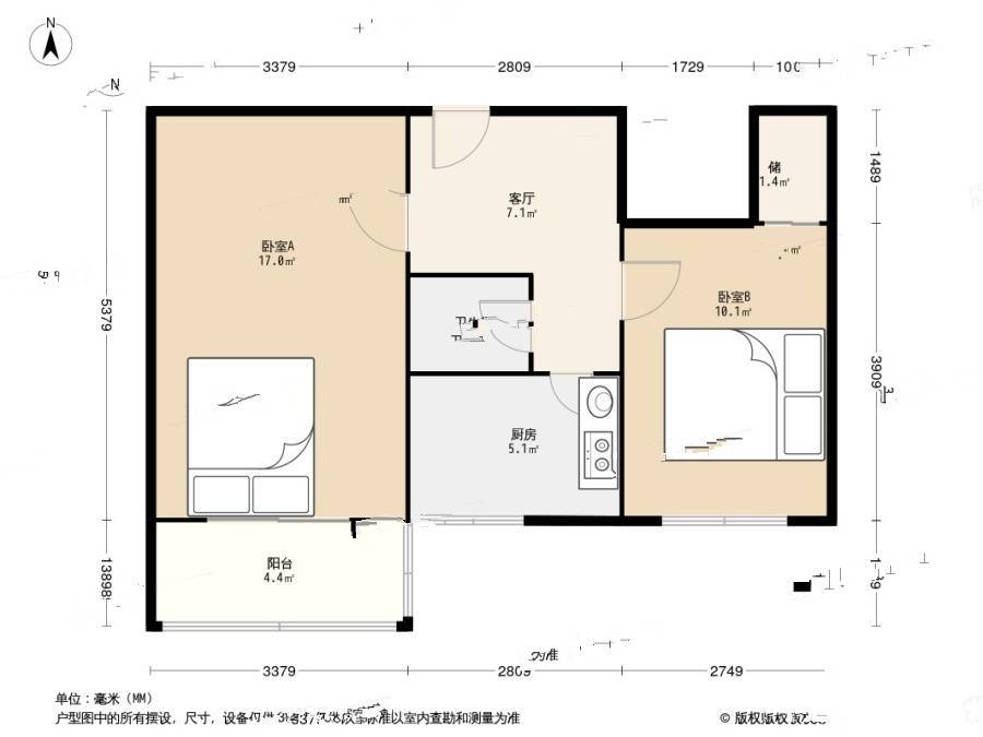 稻香园2室1厅1卫53㎡户型图