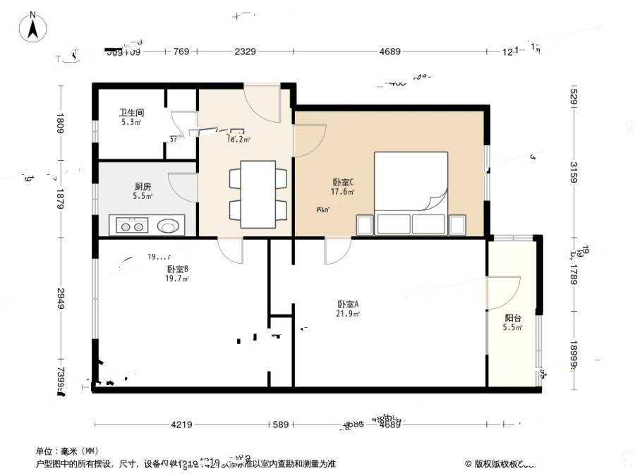 稻香园3室1厅1卫97.3㎡户型图