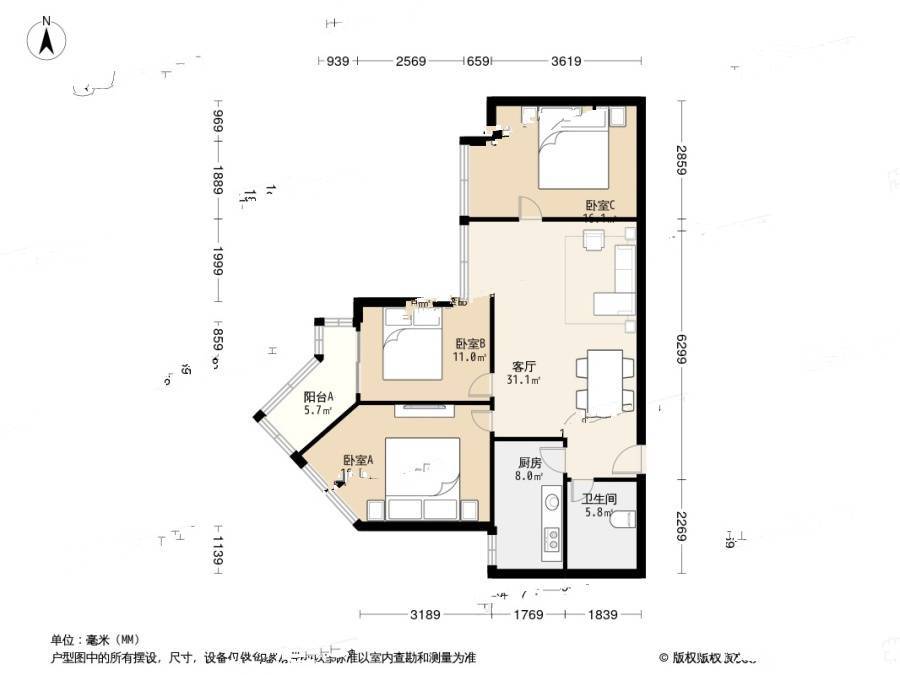 清缘里小区3室1厅1卫99㎡户型图