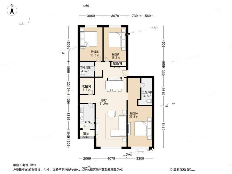 涧桥泊屋3室2厅2卫162㎡户型图