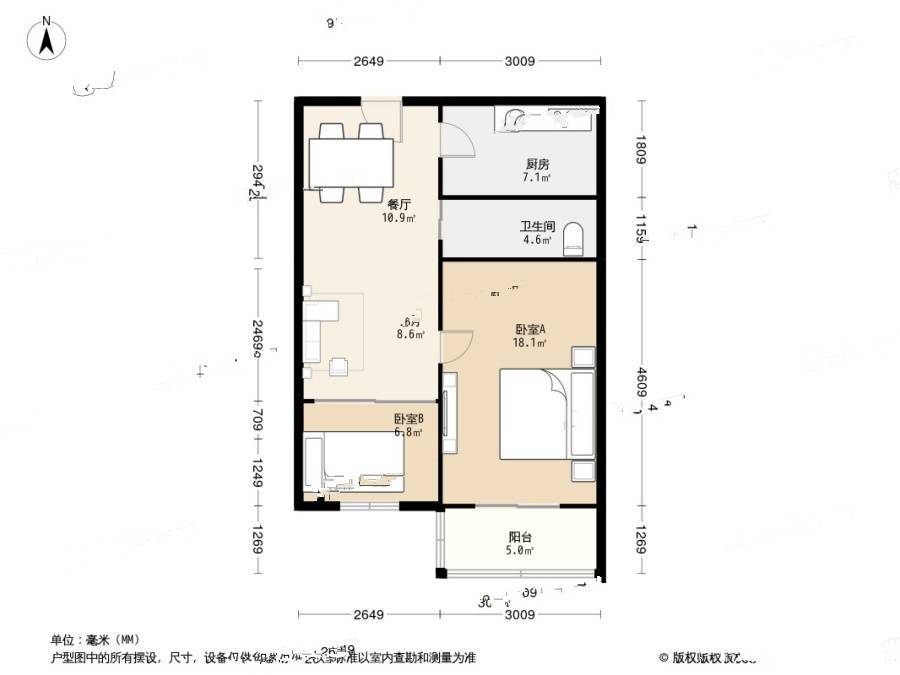 赵山社区2室1厅1卫64㎡户型图