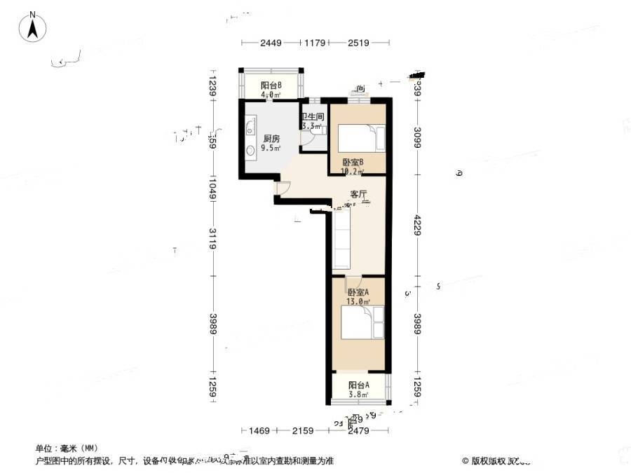 赵山社区2室1厅1卫62㎡户型图