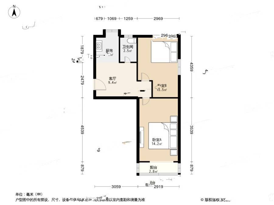 赵山社区2室1厅1卫58㎡户型图