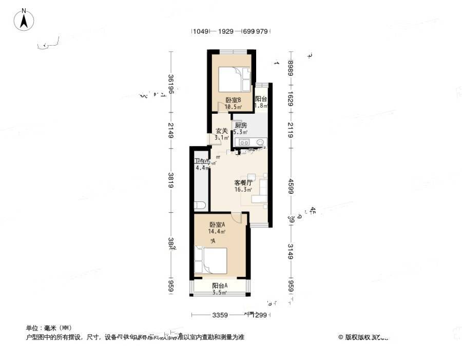 建西苑中里2室1厅1卫68㎡户型图