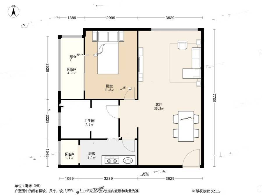 建西苑中里1室1厅1卫77.8㎡户型图