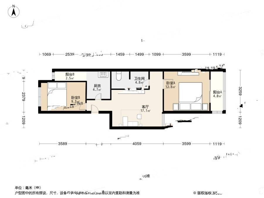 建西苑中里2室1厅1卫69.4㎡户型图