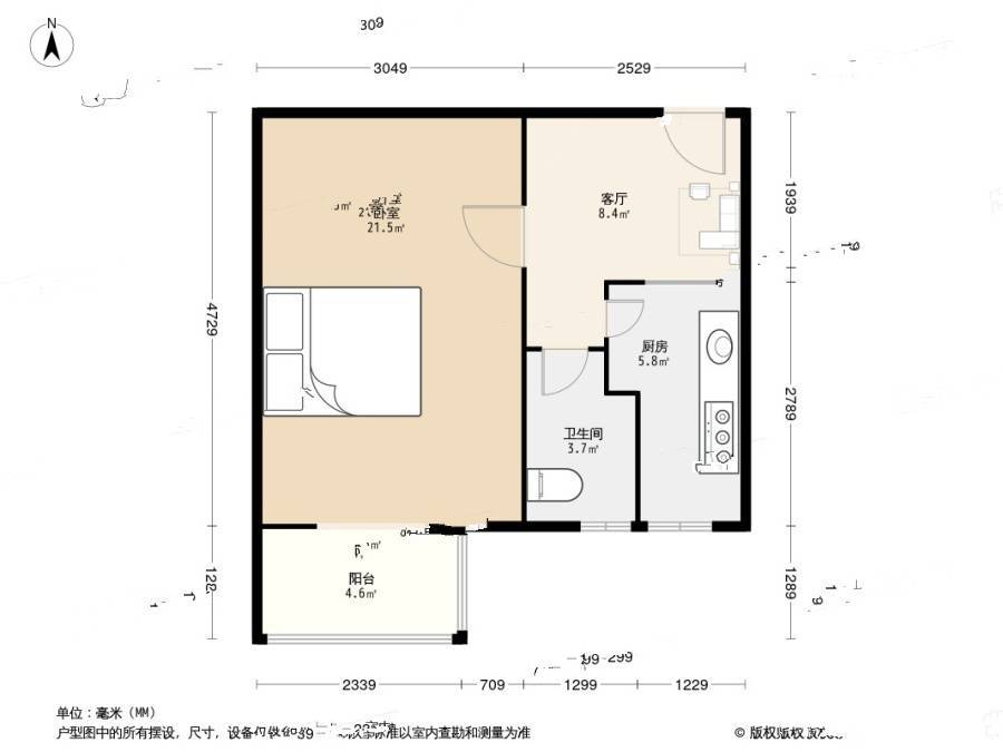 永定路小区1室1厅1卫36㎡户型图