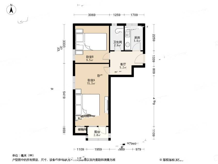 永定路小区2室1厅1卫56㎡户型图