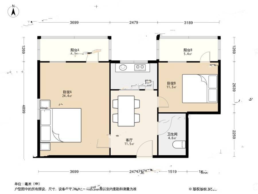 安装宿舍2室1厅1卫64.3㎡户型图