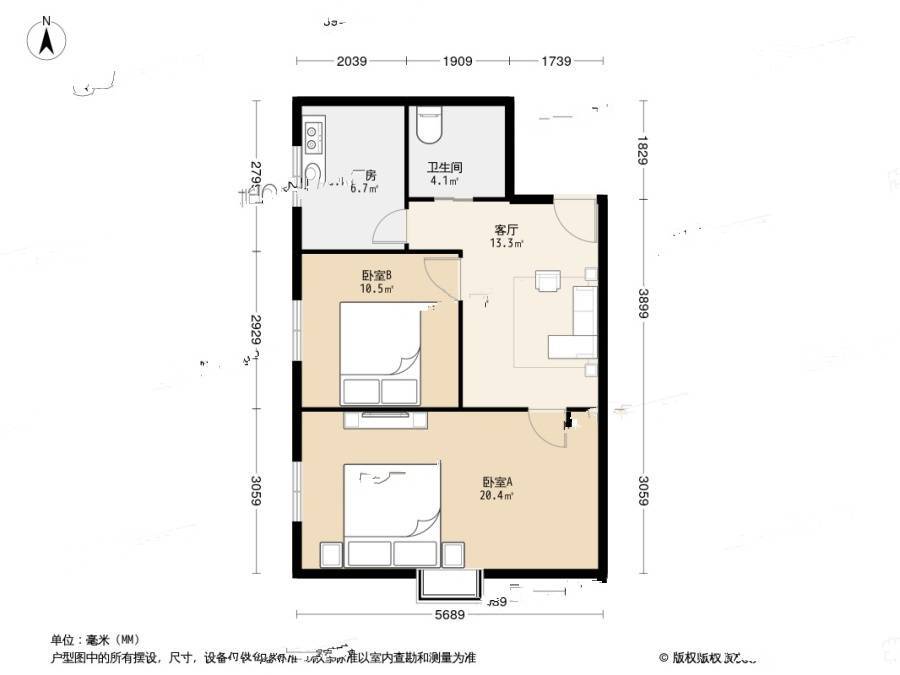 甘家口8号院2室1厅1卫61㎡户型图