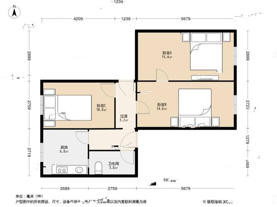 甘家口8号院3室0厅1卫85㎡户型图