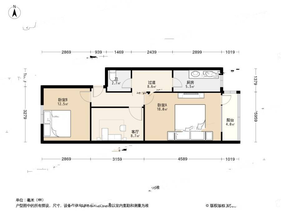 王庄路27号院2室1厅1卫65㎡户型图