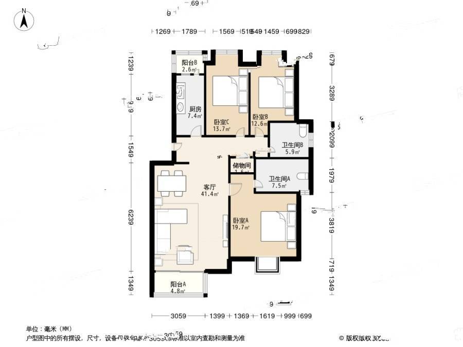 北京人家3室2厅2卫131㎡户型图