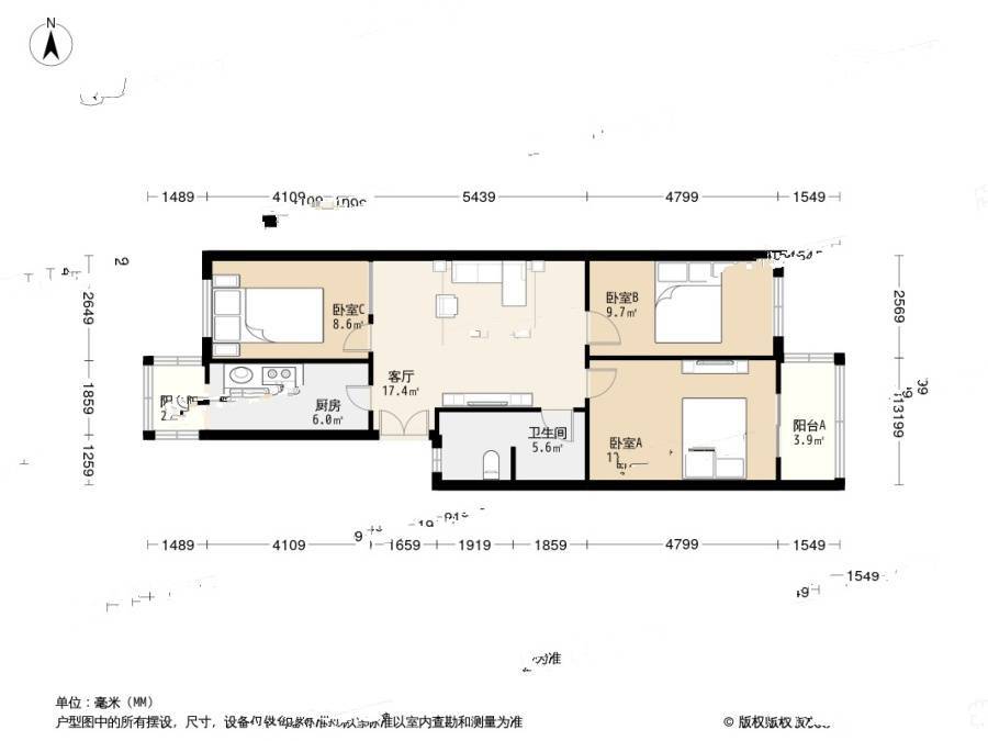 西环路3室1厅1卫97㎡户型图