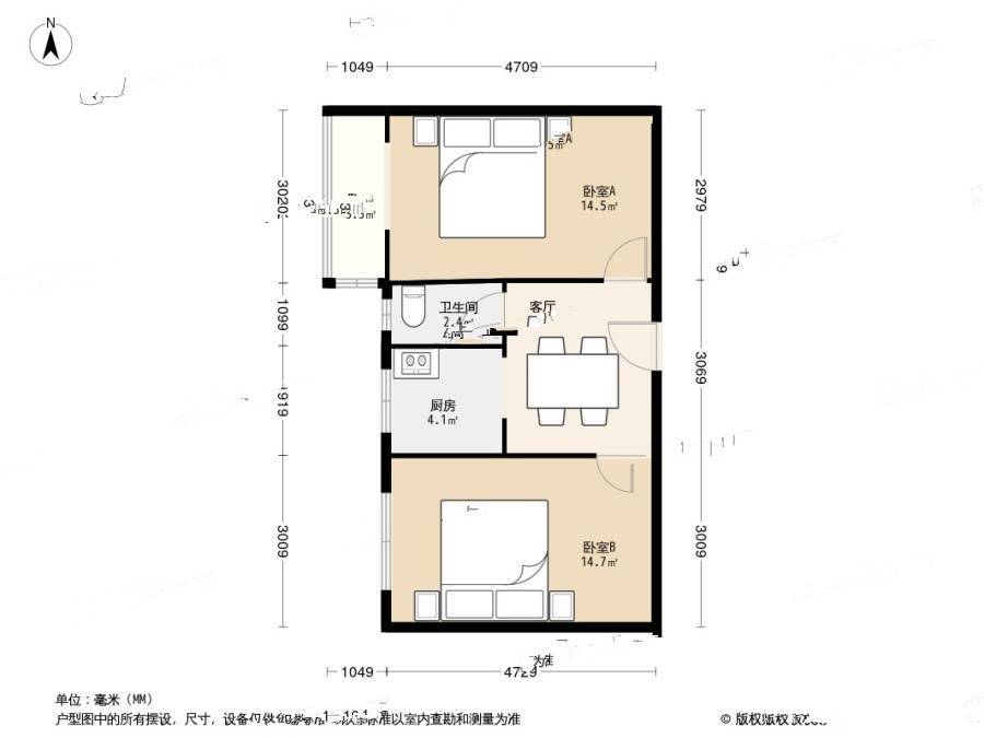 铁佛庵2室1厅1卫64㎡户型图